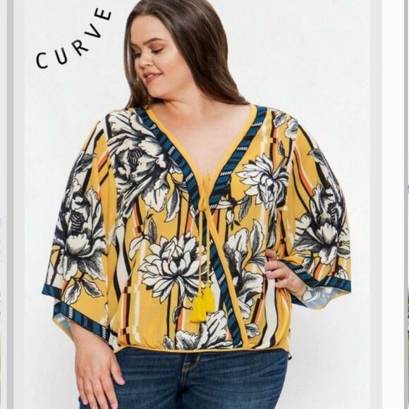 NWT Jealous Tomato Floral Kimono Blouse 1X Yellow Boho Tassel Tie - Picture 1 of 13